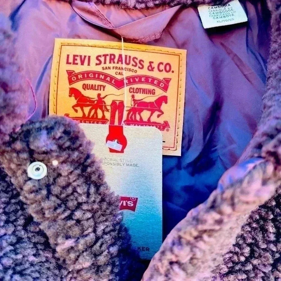 Levi’s Cozy Vintage Relaxed Fit Sherpa Trucker Shirt Jacket Men Size XL Burgundy - Picture 5 of 9